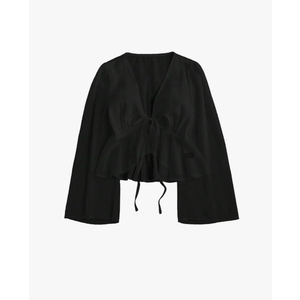 Women's Tie Front Peplum Tops Blouse Dressy Casual Bow Long Sleeve Deep V Neck Shirts Crop Top Trendy 2025, Size S