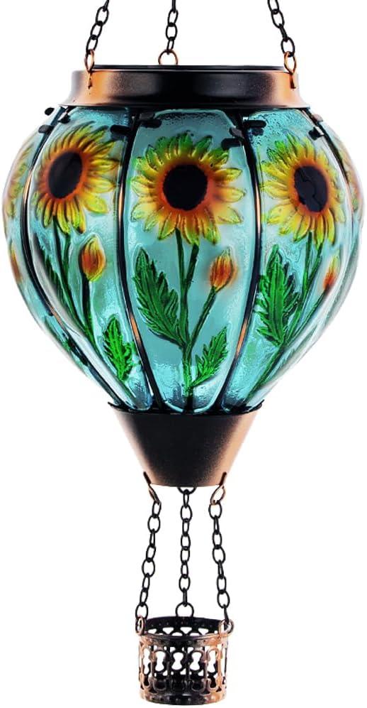 Starsoul Sunflower Hot Air Balloon Solar Lantern Glass Outdoor Hot Air Balloon Solar Flickering Flame Light Hanging Solar Lanterns Outdoor Waterproof Garden Patio Yard Party Decor
