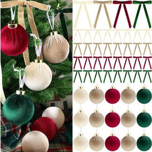 51 Pcs Christmas Velvet Ornaments 15 Pcs Christmas Tree Decor Balls 3.14" 36 Pcs Velvet Vintage Ribbon Bows 5/8" Wide 6 * 8" for Xmas Tree Hanging Decorations Home Indoor Decor (Four Colors)