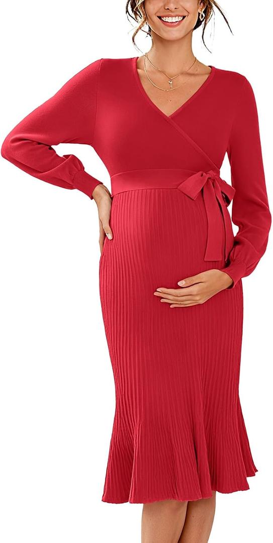 V FOR CITY Maternity Sweater Dress for Baby Shower Party Wrap V Neck Puff Sleeve Tie Waist Pleated Midi Dresses (Small, Red)