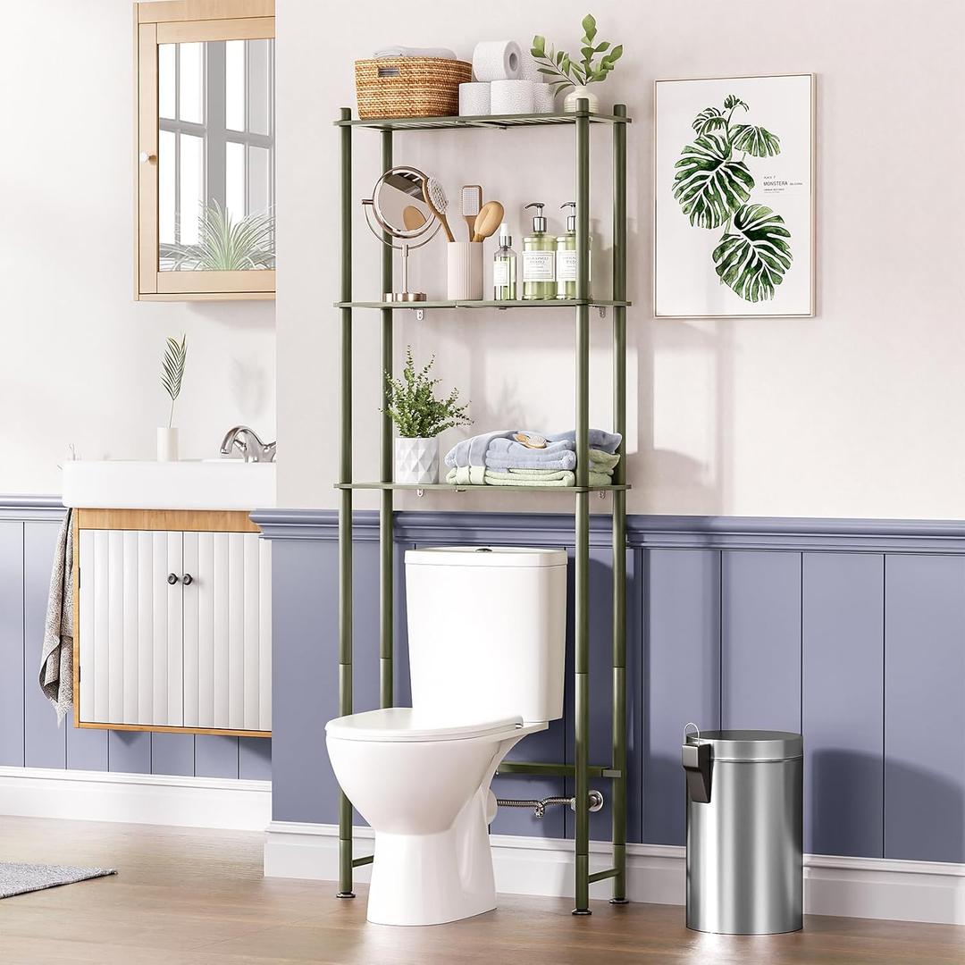 AmazerBath Bamboo Over The Toilet Storage Shelf, 3-Tier Over Toilet Bathroom Organizer Rack, Bathroom Shelves Over Toilet Space Saver, Forest Green, 70.87 x 25.2 x 10 inches