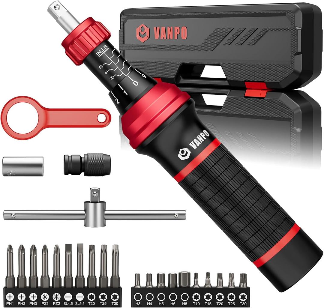 VANPO Torque Screwdriver, 24 Pcs 10-70 Inch Pound Torque Screwdriver Set with Hex, Torx, Phillips, Pozidriv, Schlitz,Bits Adapter, T-Bar Handle for Bike Repair, DIY and Maintenance