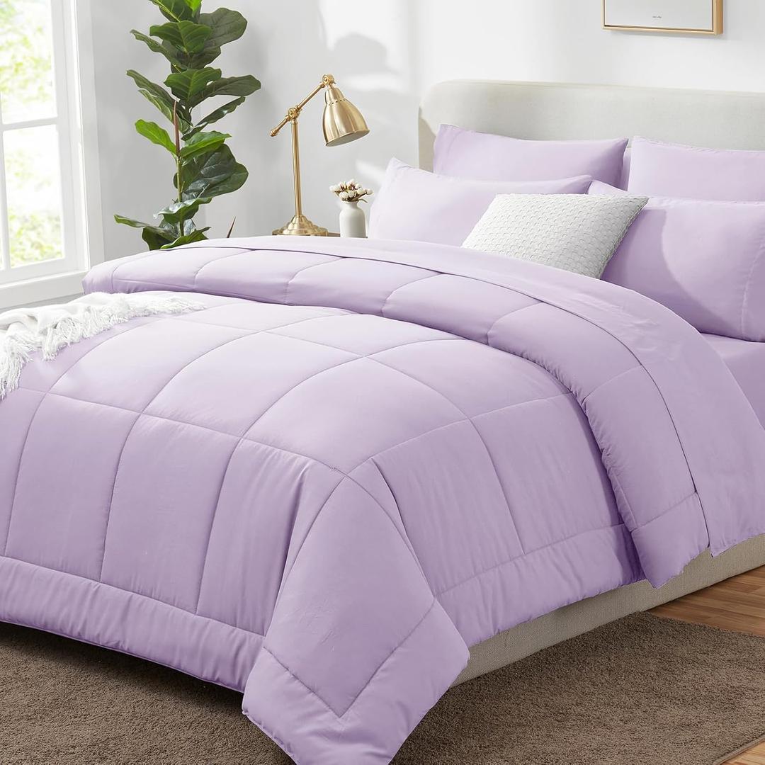 CozyLux Full Size Comforter Sets Lavender, 7 Pieces Bed in a Bag, Light Purple Comforter Full Size, All Season Bedding Sets with Stitch Quilted Comforter, Flat Sheet, Fitted Sheet, Pillowcases