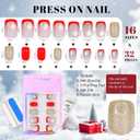 3 x Red Press On Nails Short - Jofay Fashion French Tip Press On Nails, Acrylic Fake Nails with Snowflakes and Gold Glitter, Reusable False Nails Glue On Nails for Women, Stick On Nails Kit 32Pcs