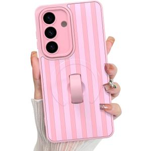 KANGHAR Compatible with Samsung Galaxy S26 Case, Support for MagSafe, Silicone Stripes Cute Pattern, Wristband Kickstand Camera Protection Soft Slim Cover for Girls Women -Pink