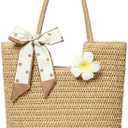 Straw Tote Bag for Women, Large Summer Beach Bag with Polka Dot Scarf & Plumeria Flower
