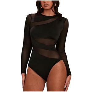 Milumia Women's Sexy Cut Out Sheer Mesh Long Sleeve Bodysuit Crew Neck Body Suits Going Out Bodysuit Tops (Large, Black)