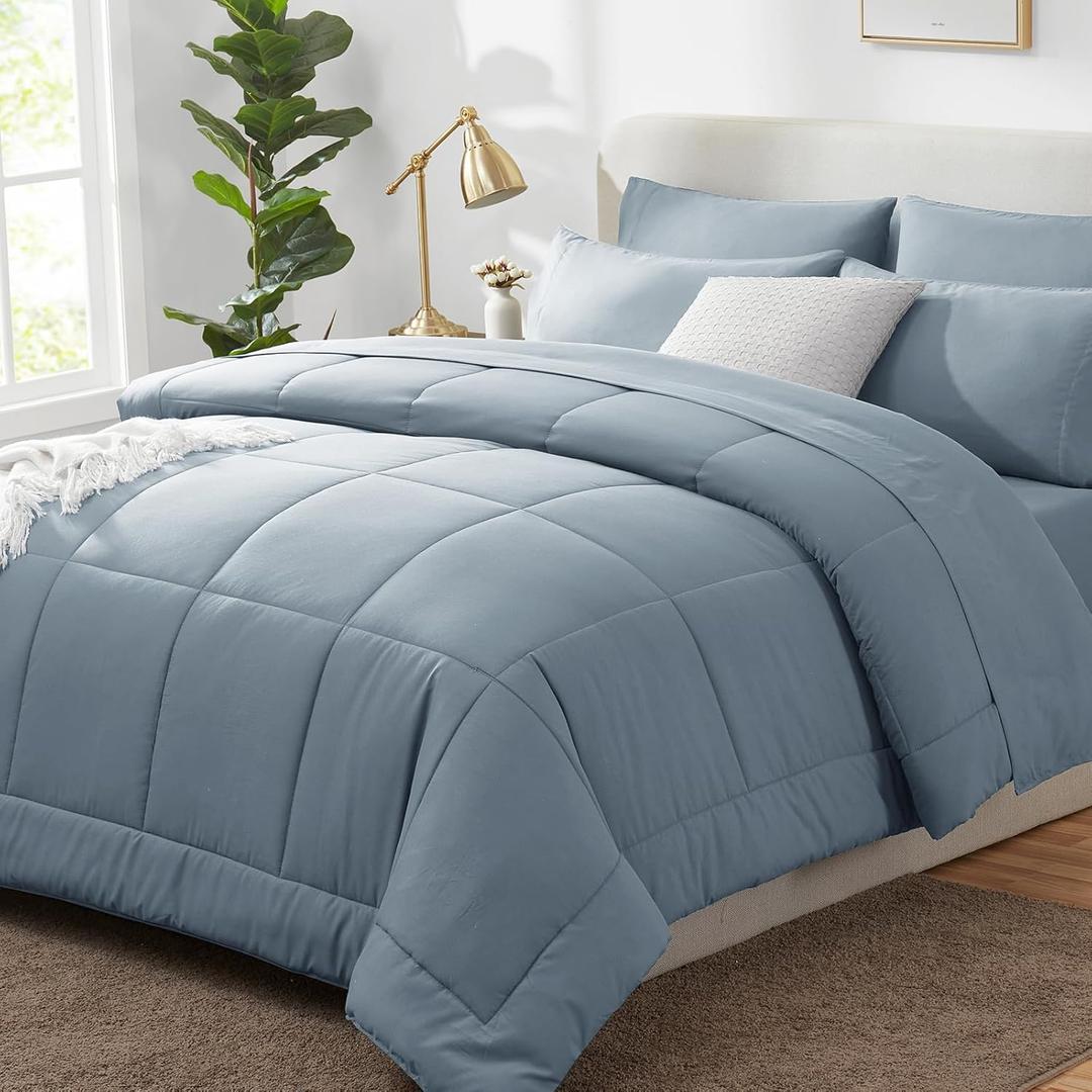 CozyLux King Size Comforter Set Dusty Blue, 7 Pieces Bed in a Bag, Grayish Blue Comforter King Size, All Season Bedding Sets with Stitch Quilted Comforter, Flat Sheet, Fitted Sheet, Pillowcases