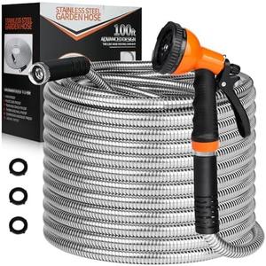 HDKing Garden Hose 100 FT - Flexible Metal Hose with 10 Function Nozzle, Kink Free, Lightweight, Durable, Crush Resistant Fitting, Easy to Coil, Puncture Proof Hose for Yard, Rv, 600 PSI - 2025 Model