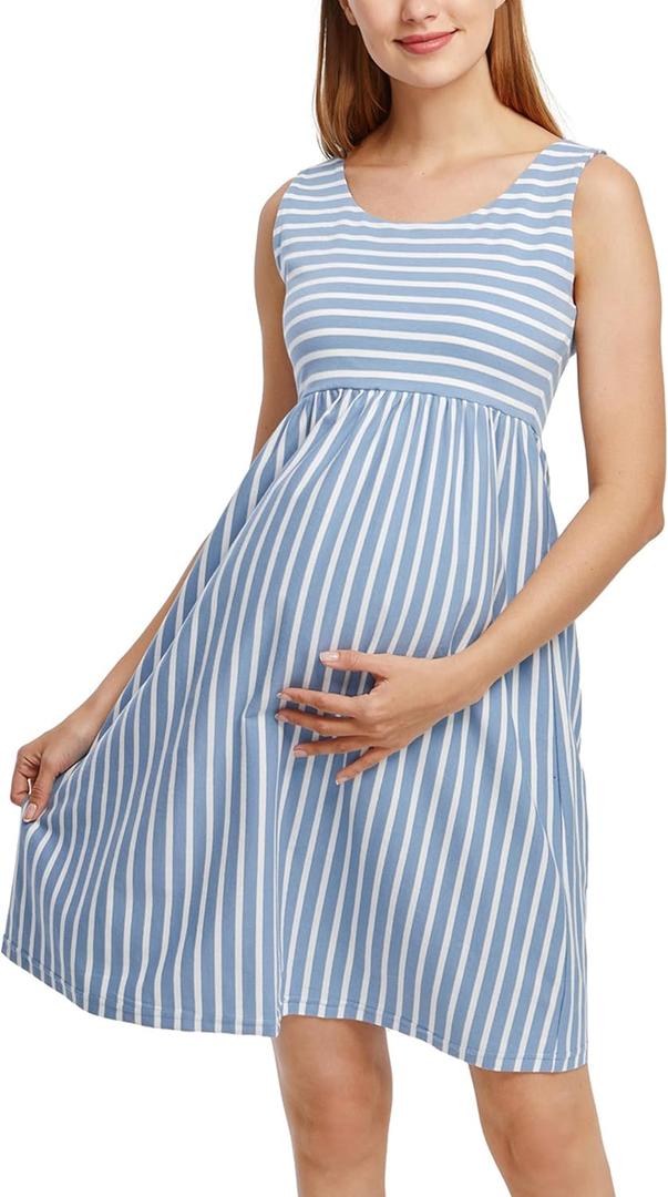Ecavus Womens Maternity Tank Dress Stripe Color Block Sleeveless Knee Length for Baby Shower (Blue, S)