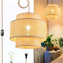 QIYIZM Plug in Pendant Light Hanging Lights with Plug in Cord Hanging Lamp Rattan Boho Dimmable, Wicker Bamboo Woven Lamp Shade, Plug in Ceiling Light Fixture for Living Room Bedroom 