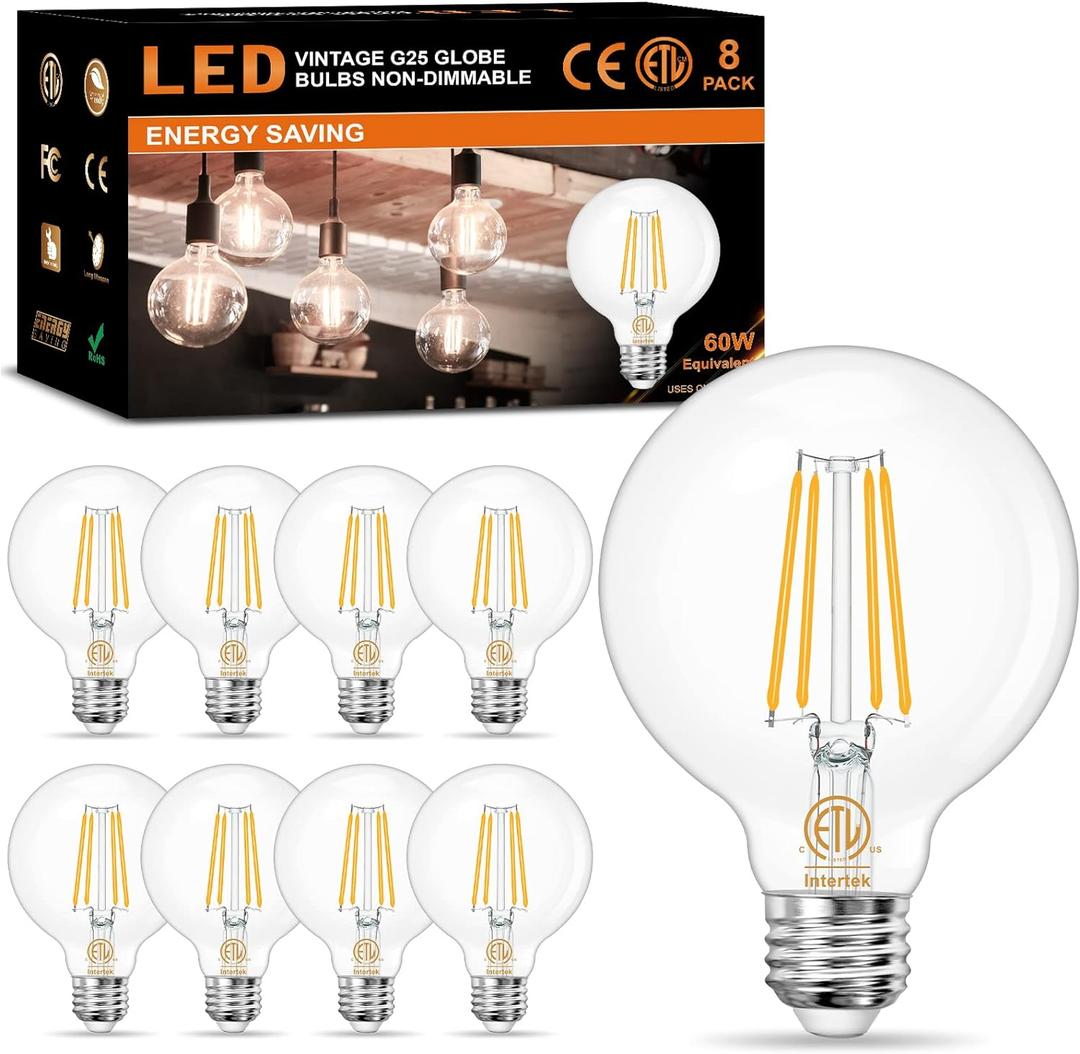 8-Pack G25 LED Globe Light Bulbs 3000K Soft White, Vintage E26 Base Edison Light Bulbs 60W Equivalent, 6W Round Light Bulbs with Filament for Bathroom Vanity, Clear Glass, 600LM, Non-dimmable