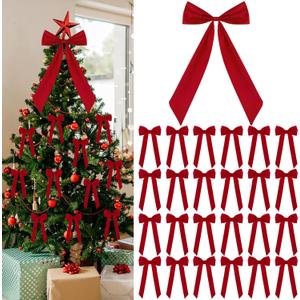 25 PCS Christmas Red Velvet Bows Include 1Pcs 20x11in Large and 24Pcs Small Velvet Wreath Bows for Christmas Tree Red Xmas Bow Ornaments for Xmas Tree Home Wreath Garland Indoor Outdoor Party Decor