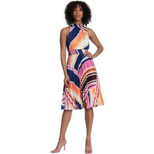 Maggy London Women's Smocked Mock Neck and Waistband Halter Dress with Pleated Skirt (8, Ivory/Light Orange)