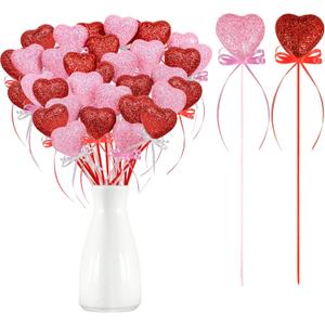 Yen Jean 70Pcs Valentines Day Foam Heart Glitter Picks - Red Pink Sparkly Sticks for Flower Arrangements Floral Bouquet Home Supplies Decorations