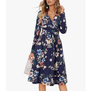 OUGES Women's Fall Long Sleeve Dress Casual Wrap V Neck Flowy Midi Wedding Guest Dresses with Pockets 2025, S