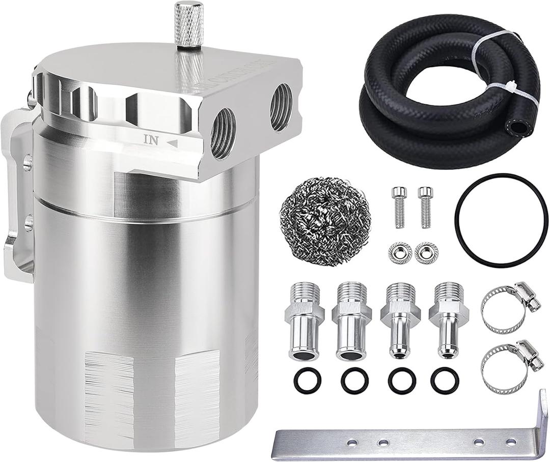 EVIL ENERGY Oil Catch Can, Universal Baffled Catch Can Kit with NBR Fuel Hose, 300ml Aluminum Air Oil Separator Tank for PCV System Silver (2.6 FT)