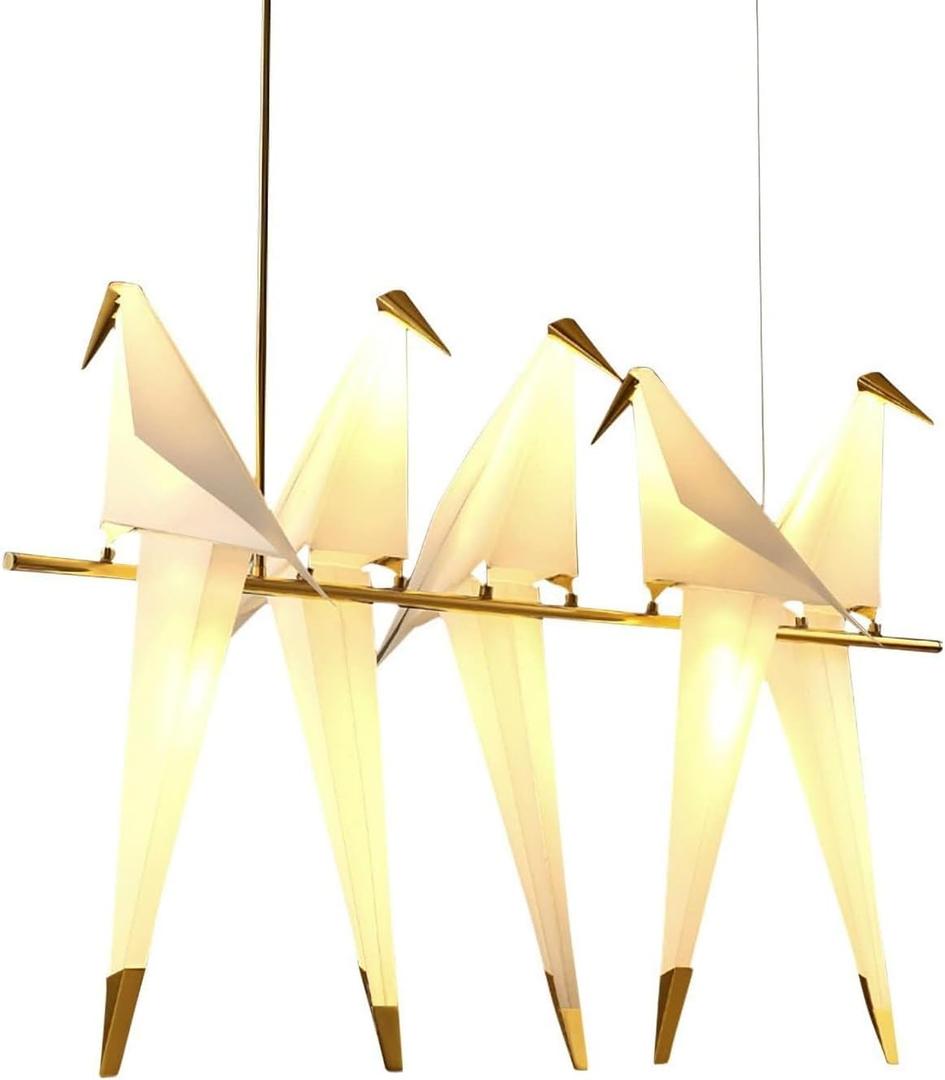 Gold Birds Chandelier 3-Lights Thousand Paper Crane Pendants Light Modern PVC Lampshade with Pedestal Hardware Bird with Adjustable Hanging Lamp for Dining Room Bedroom (5 Lights)