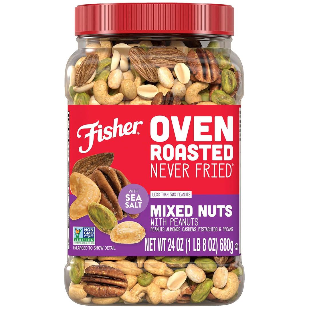 Fisher Oven Roasted Never Fried Mixed Nuts with Peanuts, 24 Ounces (Pack of 1), Peanuts, Almonds, Cashews, Pistachios, Pecans, Trail Mix, Healthy Snacks for Adults, Made With Sea Salt, No Added Oils (EXP 02/26/26)
