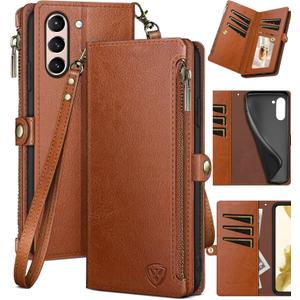 XcaseBar for Samsung Galaxy S21 Wallet case with Zipper Credit Card HolderRFID Blocking, Flip Folio Book PU Leather Phone case Shockproof Cover Women Men for Samsung S21 case Light Brown