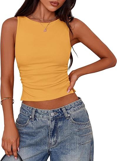 PRETTYGARDEN Women Going Out Tops Summer Clothes 2025 Trendy Split Hem Ruched Sleeveless Shirt Cute Y2K Tank Top(Yellow,Large)