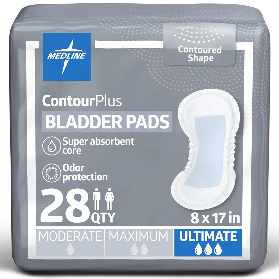 Medline ContourPlus Bladder Control Pads, Ultimate Absorbency, 8 x 17 Inches, Bag of 28