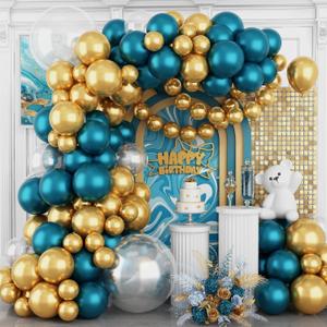 Turquoise Blue Balloons Garland Arch Kit,120 Pcs Peacock Blue Teal Metallic Gold Balloons Garland Different Sizes for Graduation Birthday Party Decoration Gender Reveal Baby Shower Wedding Whale Theme