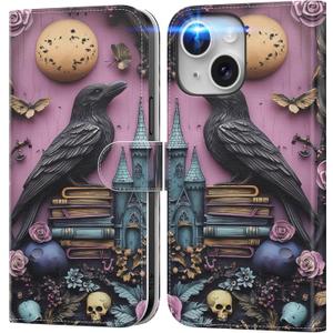 DEENAKIN for iPhone 13 Mini Wallet Case with Card Holder + Cash Clip, RFID-Blocking, Military-Grade Drop Protection, Magnetic Closure with Leather Kickstand - Gothic Skull & Raven