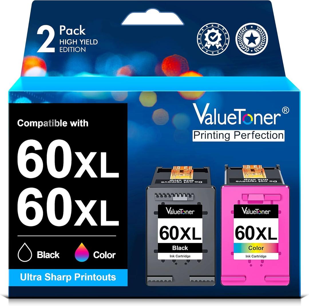60XL Ink Cartridge for HP Printers Remanufactured for HP 60 Ink Cartridge Combo Pack Color and Black for HP Ink 60 for PhotoSmart D110 C4780 C4680 Deskjet D2680 F2430 Envy 110 120 Series (2 Pack)
