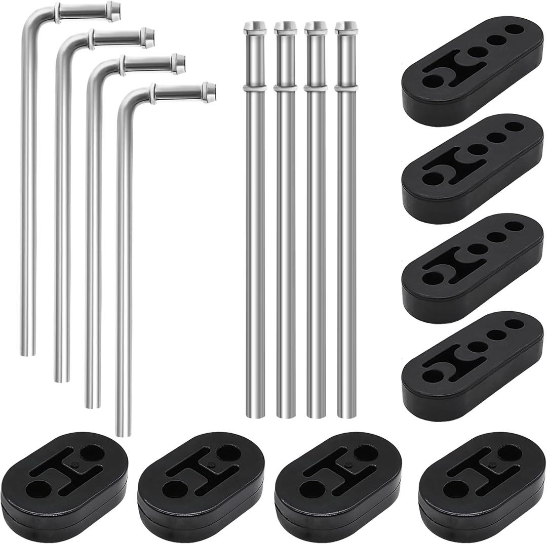 16 Pcs 3/8" Exhaust Hanger Kit, Heavy Duty Zinc Coated Hanger Rods (4x 90 & 4x Straight) with Rubber Insulators (4x 2-Hole & 4x 4-Hole), Universal Weld-On Muffler Mount for Car Truck SUV