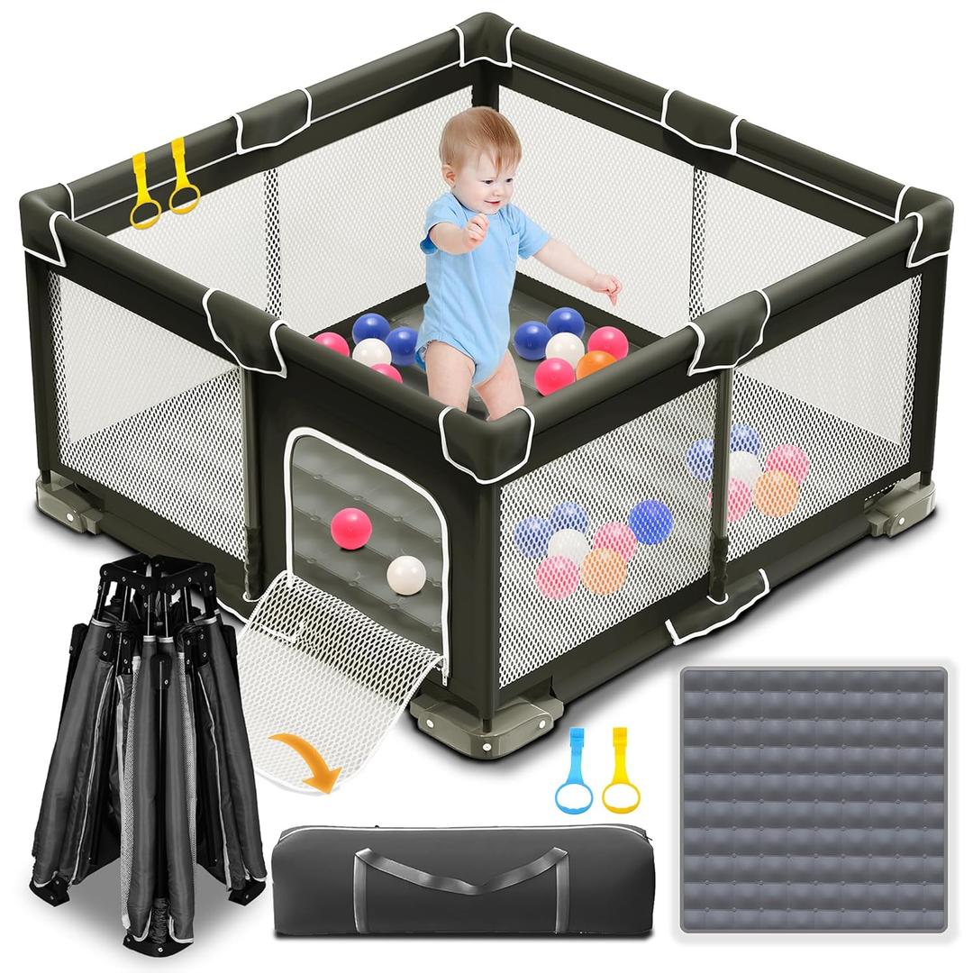 Foldable Playpen for Babies and Toddlers, 50x50 Inches Portable Playpen, Kids Collapsible Play Pen with 2 Handlers, Indoor & Outdoor Baby Fence Play Area with Visible Mesh, Black