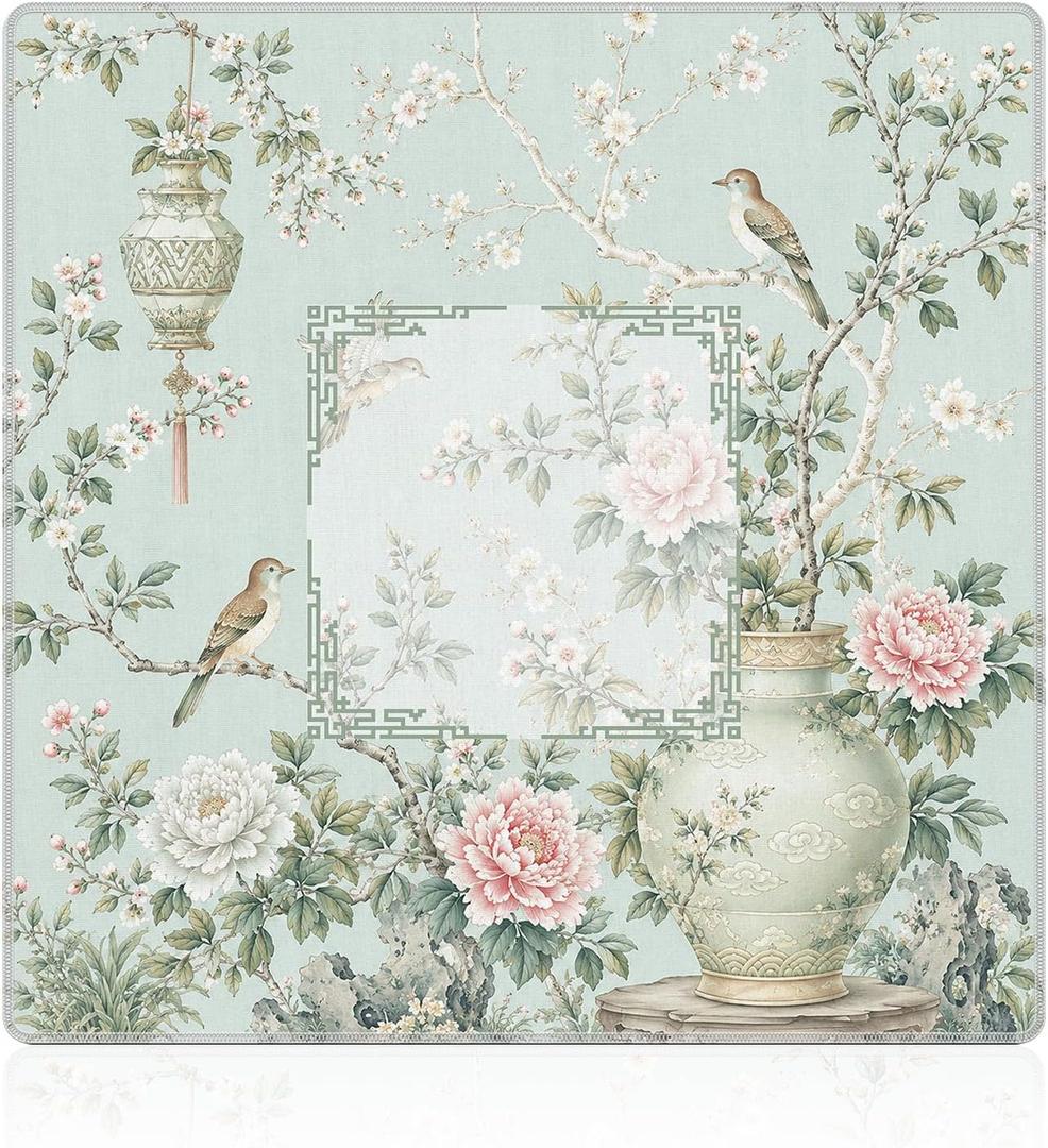 WHCHJ Light Green Chinoiserie Floral Bird Mahjong Mat 21.5 x 21.5 in