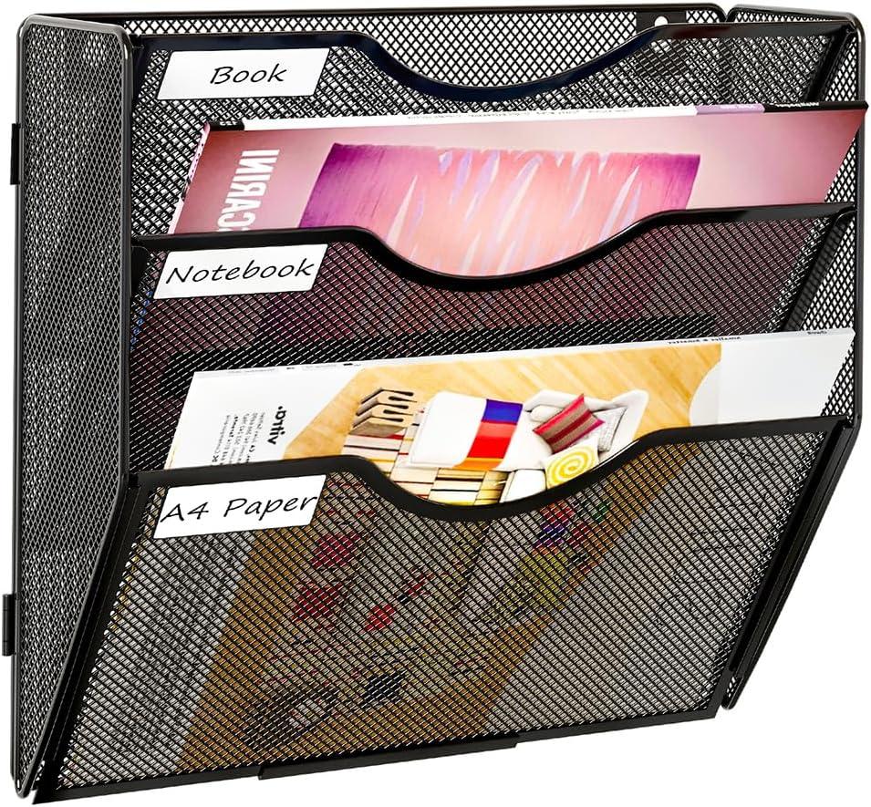 PAG Hanging Wall File Holder, 3 Tier Mail Sorter for Wall, Mesh Office Wall Organizer For Papers/Folders/Files Clipboard & Magazine, Black