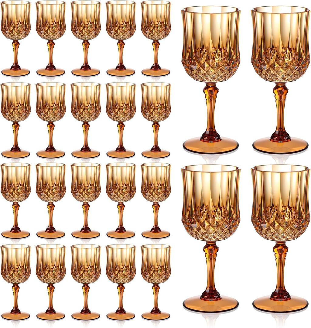 XUWAIDSGN 7oz Plastic Vintage Glasses Drinking Glasses Unbreakable Wedding Glassware Crystal Water Goblets Reusable Drinkware Vintage Champagne Flutes (24, Brown)