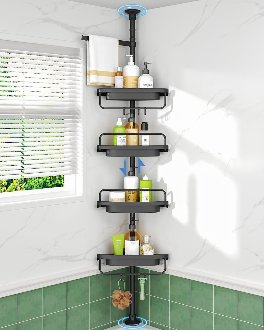 ALLZONE Rustproof Shower Caddy Corner for Bathroom,Bathtub Storage Organizer for Shampoo Accessories,4-Tier Adjustable Shelves with Tension Pole, 39 to 113 Inch, Black