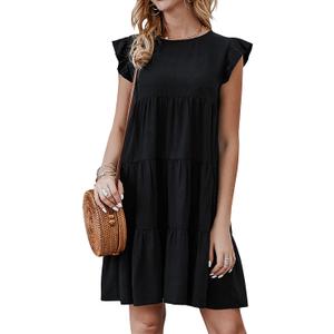 KIRUNDO Summer Dresses for Women Sundress Sleeveless Ruffle Sleeve Round Neck Loose Short Flowy Pleated Mini Babydoll Dress (Large, Black)