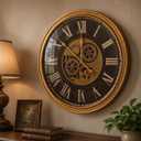 Large Real Moving Gears Wall Clock 24 Inch,Roman Antique Brass Brown
