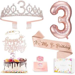 3rd Birthday Decorations for Girls, Including 3 year old Birthday Cake Topper, Queen Sash with Pearl Pin, Sweet Rhinestone Tiara Crown, Number Candles and Balloons Set, Rose Gold