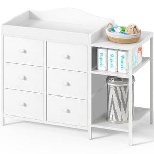 BOLUO Baby Dresser with Changing Table Top, Black Changing Table Dresser with 6 Fabric Drawers Diaper Changing Station with Storage Shelf for Nursery Modern, White