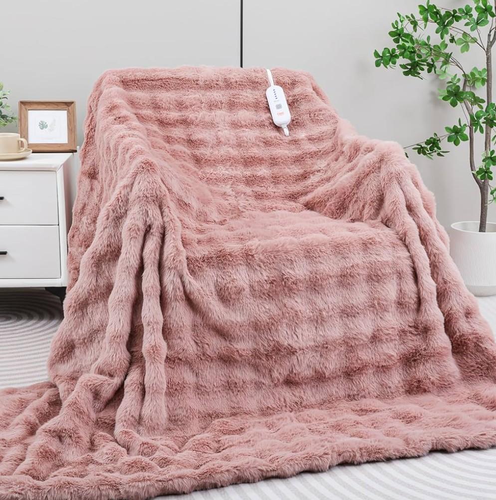 Heated Blanket Electric Throw- 50"x60" Soft Thick Bubble Electric Blanket for Sofa with 5 Heat Levels & 4 Hours Auto-Off Overheat Protection, Warm Cozy Gifts, Pink