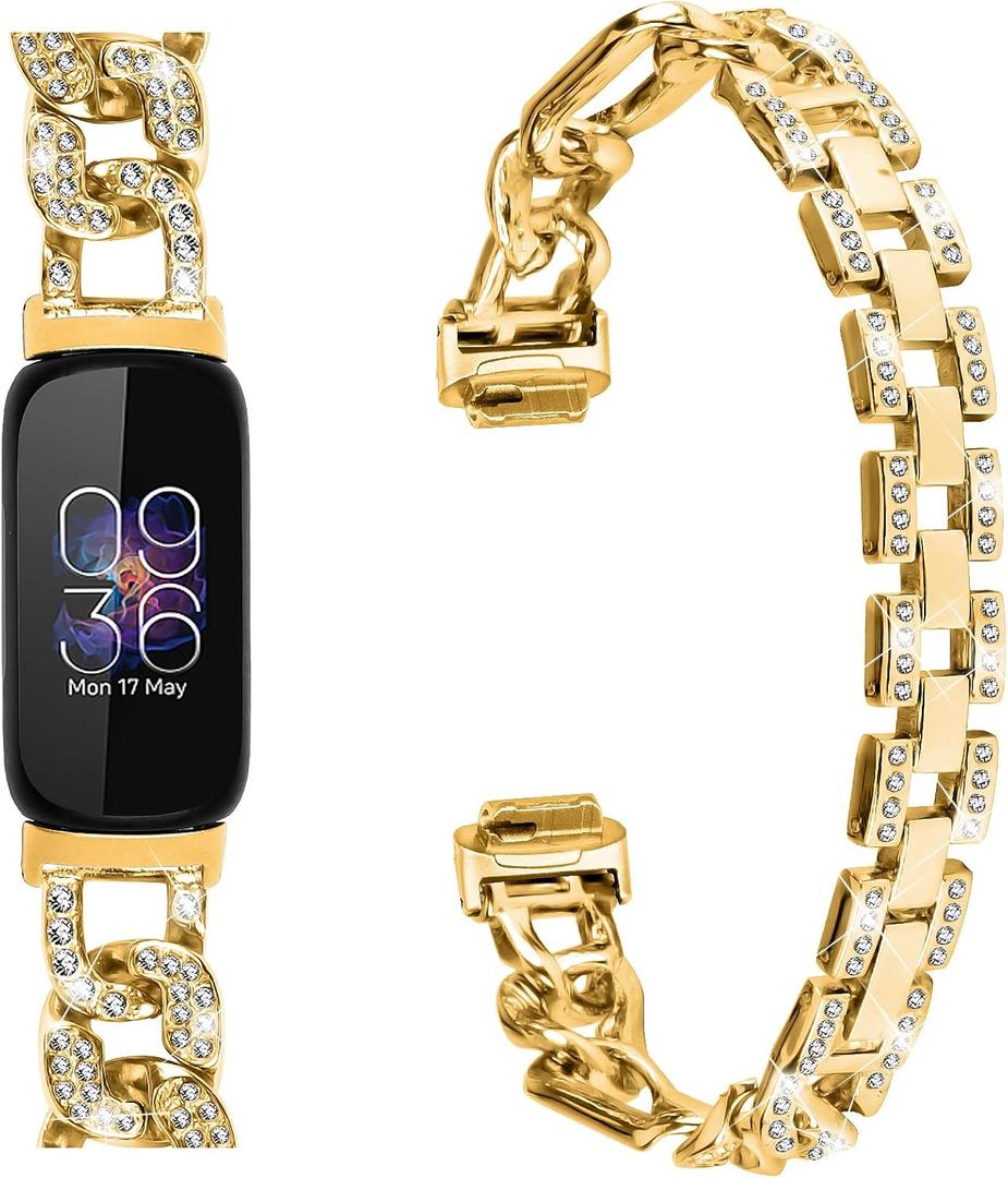 Metal Band Compatible with Fitbit Inspire 3 for Women Shiny Rhinestone Bracelet Strap Adjustable Replacement Watchband for Inspire 3 Fitness Tracker (Gold)