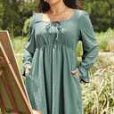 AlvaQ Plus Size Dresses for Women Square Neck Long Sleeve Dress Embroidery Eyelet A Line Sundress with Pockets L-4X (Green, XXL)