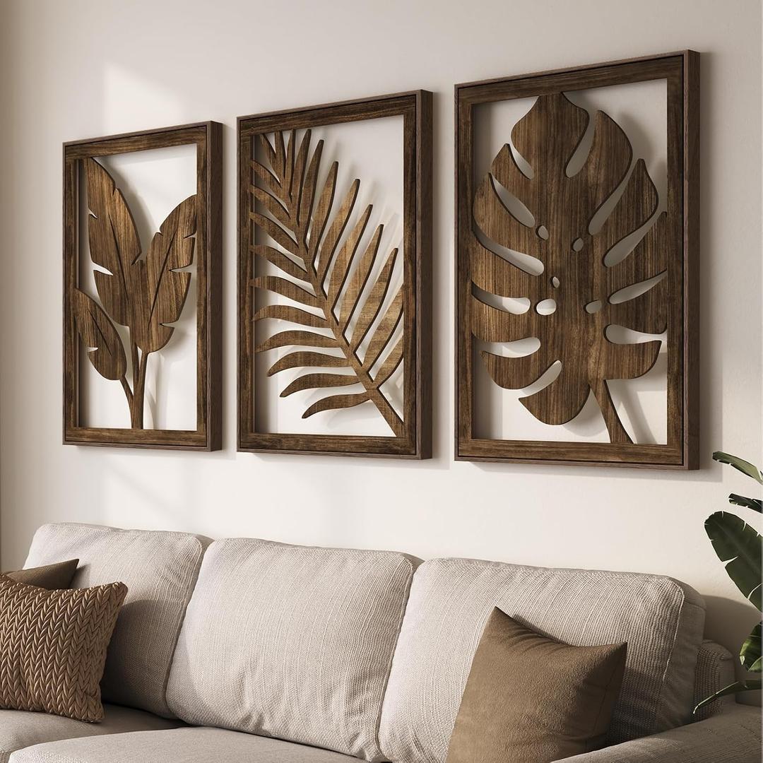 Framed Boho Cutout Carved Wood Wall Art Decor for Living Room, 24x36 Inch, 24" W x 36" H x 3 Pcs