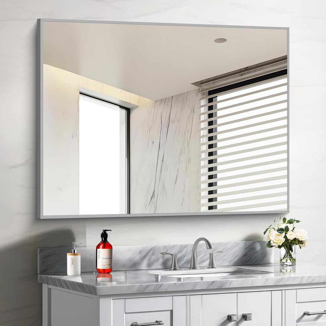 30x40In Silver Bathroom Mirror for Wall, Brushed Nickel Rectangle Mirrors with Metal Frame, Bathroom Rectangular Mirror Modern Wall Mirror for Bedroom Living Room, Hangs Horizontal or Vertical
