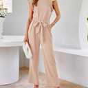 BTFBM Women Jumpsuits Crew Neck Ruffle Cap Sleeve Belted High Waist Wide Leg Romper with Pockets One Piece Casual Outfits (Beige, XXL)