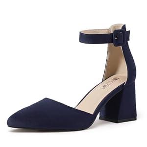 IDIFU Navy Blue Suede Women's Pumps - Closed Toe Chunky Block Low Heels Dress Shoes for Women - Wedding, Prom, Bridal, Work, Office - Formal Shoes - Pointed Toe - Small, Short Thick Heels (7.5)