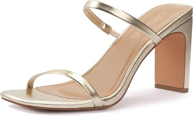 Carcuume Women's Square Toe Two Strap Open Toe Block Heels Sandals Slip On Shoes (8, Black Pu)