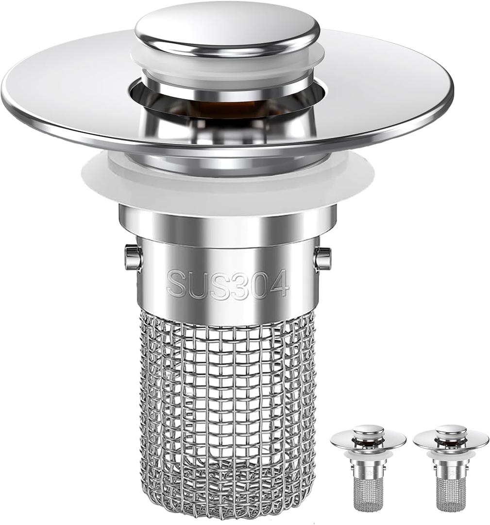 Sink Stopper Hair Catcher (2PCS), Pop-up Sink Drain Strainer with Removable Stainless Steel Strainer Basket Hair Catcher, Bathroom Sink Strainer for Bathroom Sink Stopper Replacement. (2PCS)
