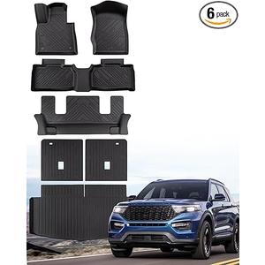 Floor Mats for Ford Explorer: 2025 2024 2023 2022 2021 2020 6 Seats Car Accessories (Non Hybrid), All Weather TPE Rubber Black Custom Fit Cargo Liner & Floor Liners & 3rd Row Back Seat Covers