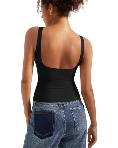 SUUKSESS Women Built in Bra Open Back Boat Neck Tank Tops Double Lined Backless Y2K Going Out Top Basic Shirt (Black,M) SUUKSESS Women Built in Bra Open Back Boat Neck Tank Tops Double Lined Backless Y2K Going Out Top Basic Shirt (Black,M)